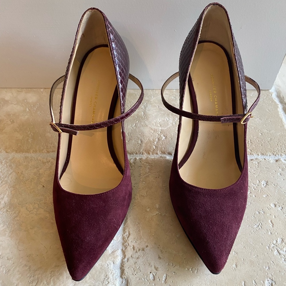 Jennifer Chamandi Suede and Snake Maroon Heels